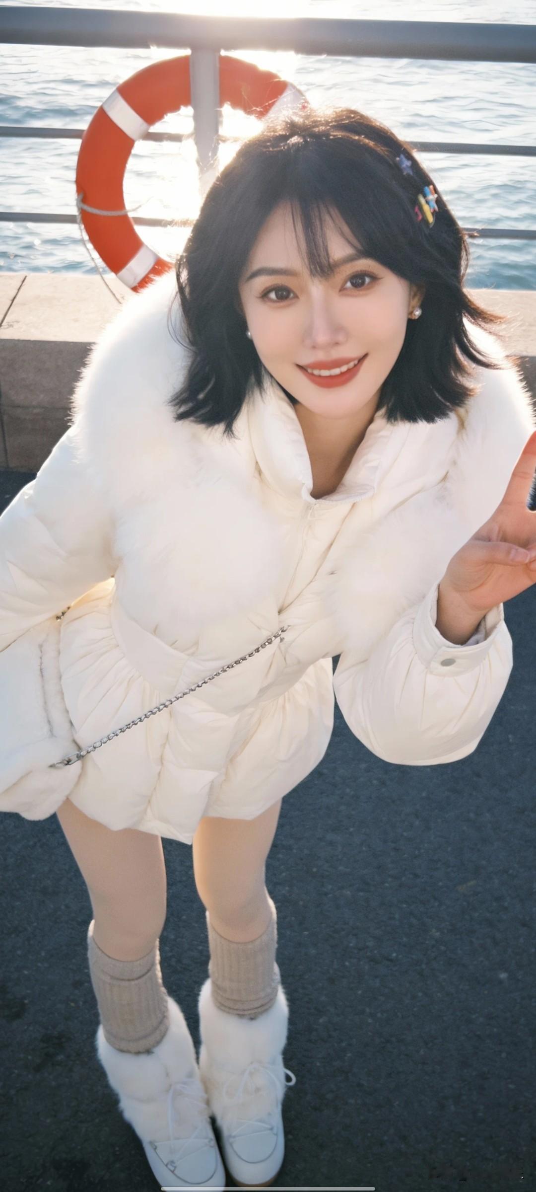 冬日海边的温暖穿搭，白色羽绒服搭配毛绒靴，甜美笑容迎风绽放！🌞💕