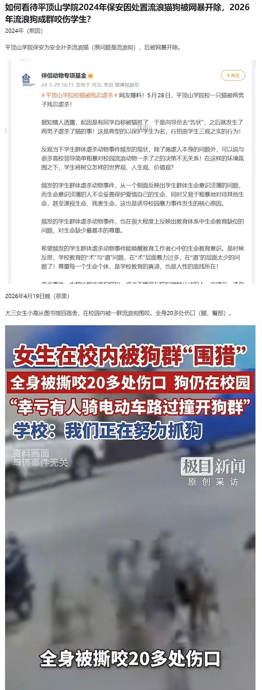 “平顶山学院2024年保安因处置流浪猫狗被网暴开除，2026年流浪狗成群咬伤学生