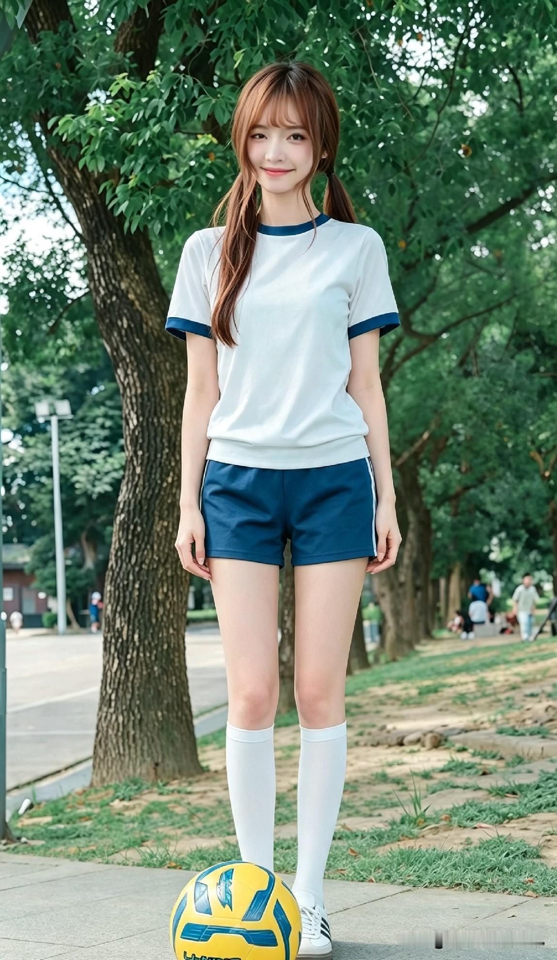 扎双马尾抱足球的校服少女，踩球歪头浅笑，路人看愣了以为球场穿搭平平无奇。