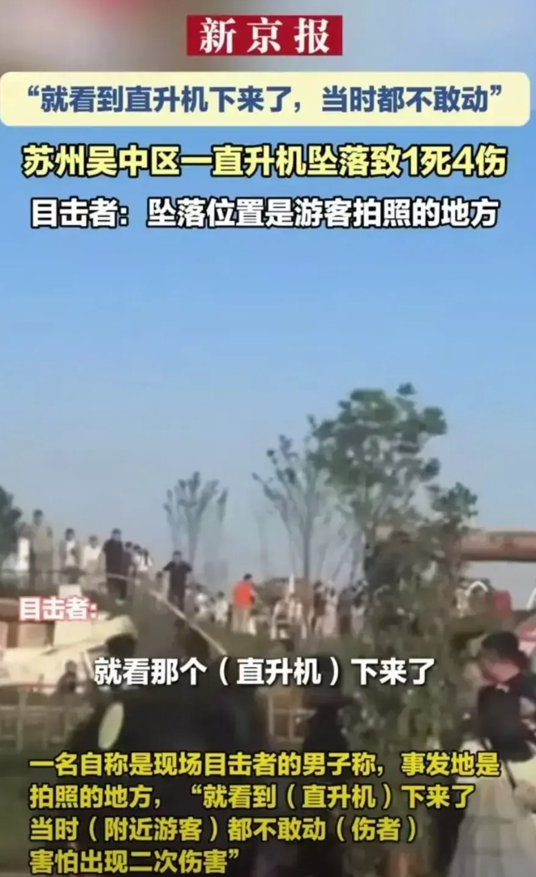 直升飞机掉下来把地面的游客砸死了，死者有两个孩子，飞机上的四个人只受伤了。地