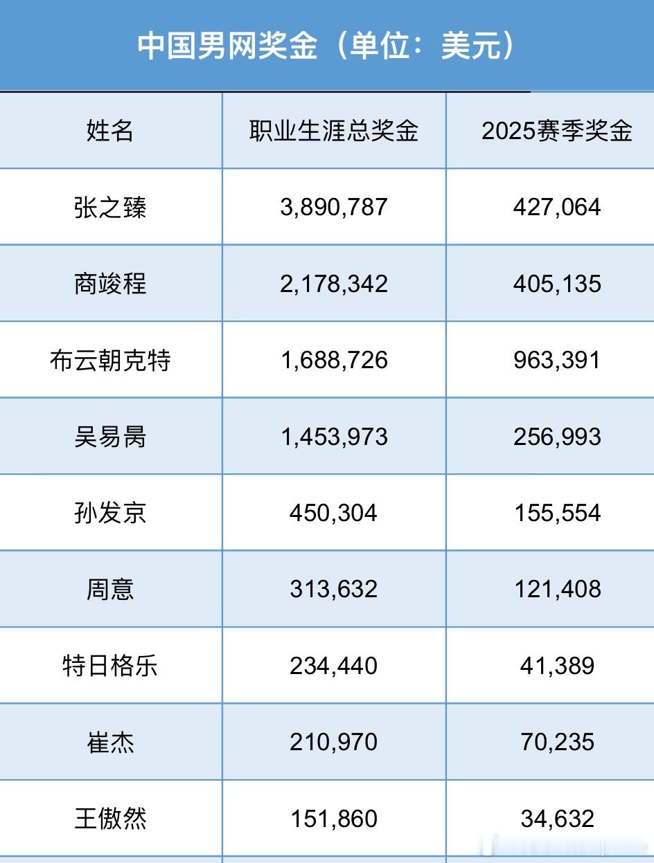 2025中国体育填空题💰中国男网奖金榜1️⃣张之臻389万美元遥遥领先