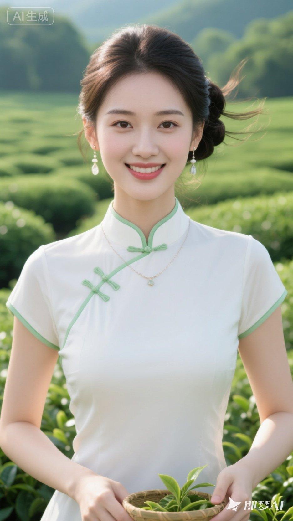 清新茶艺少女，绿意盎然，自然之美。