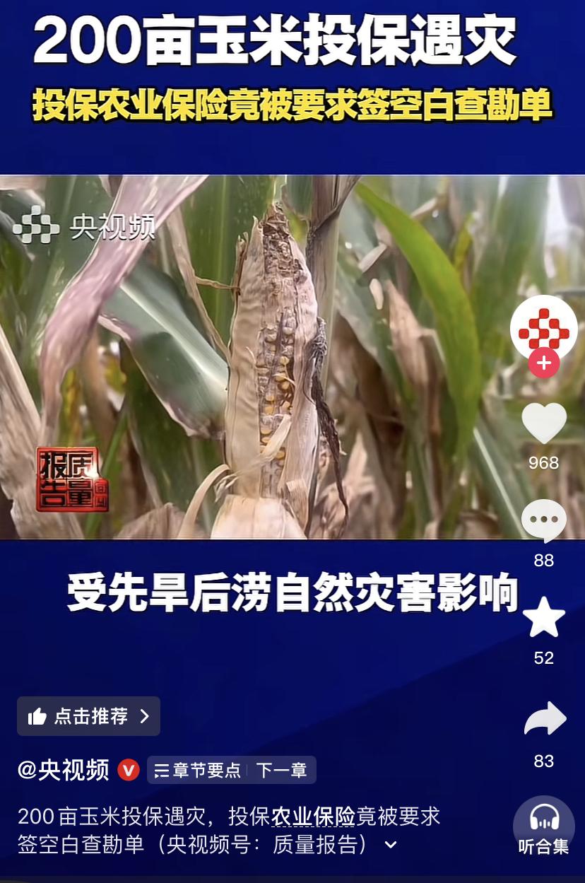 央视曝光保险公司套取农业国家保险补贴！央视曝光了河南省驻马店某农户200亩玉