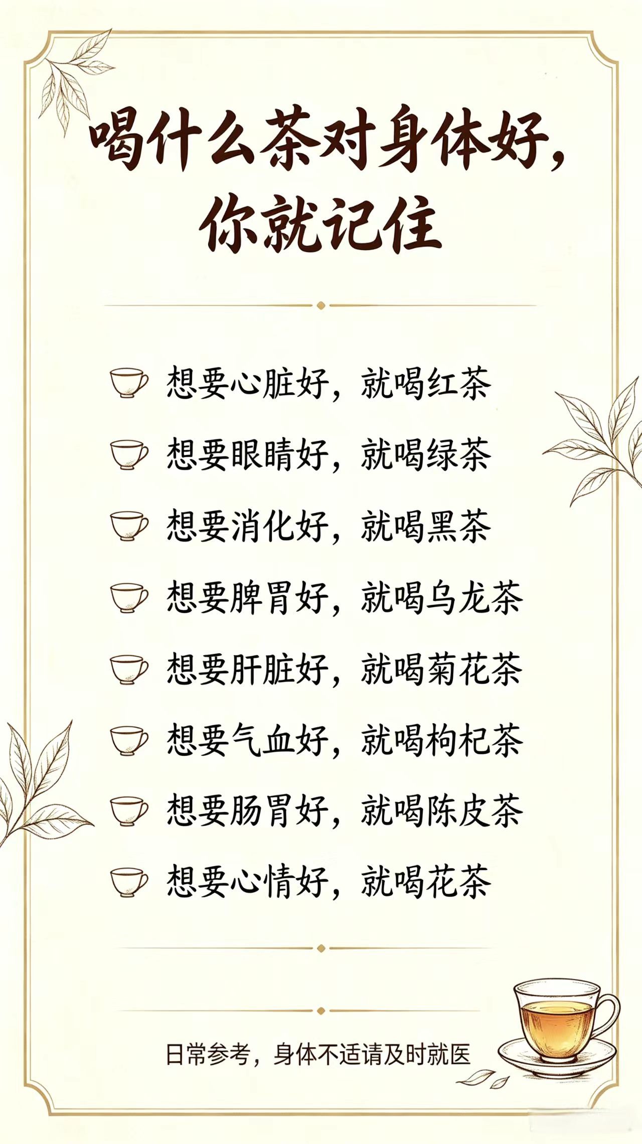喝什么茶对身体好，记住这几句就够了！想要心脏好，多喝红茶；想要眼睛好，就喝绿茶；