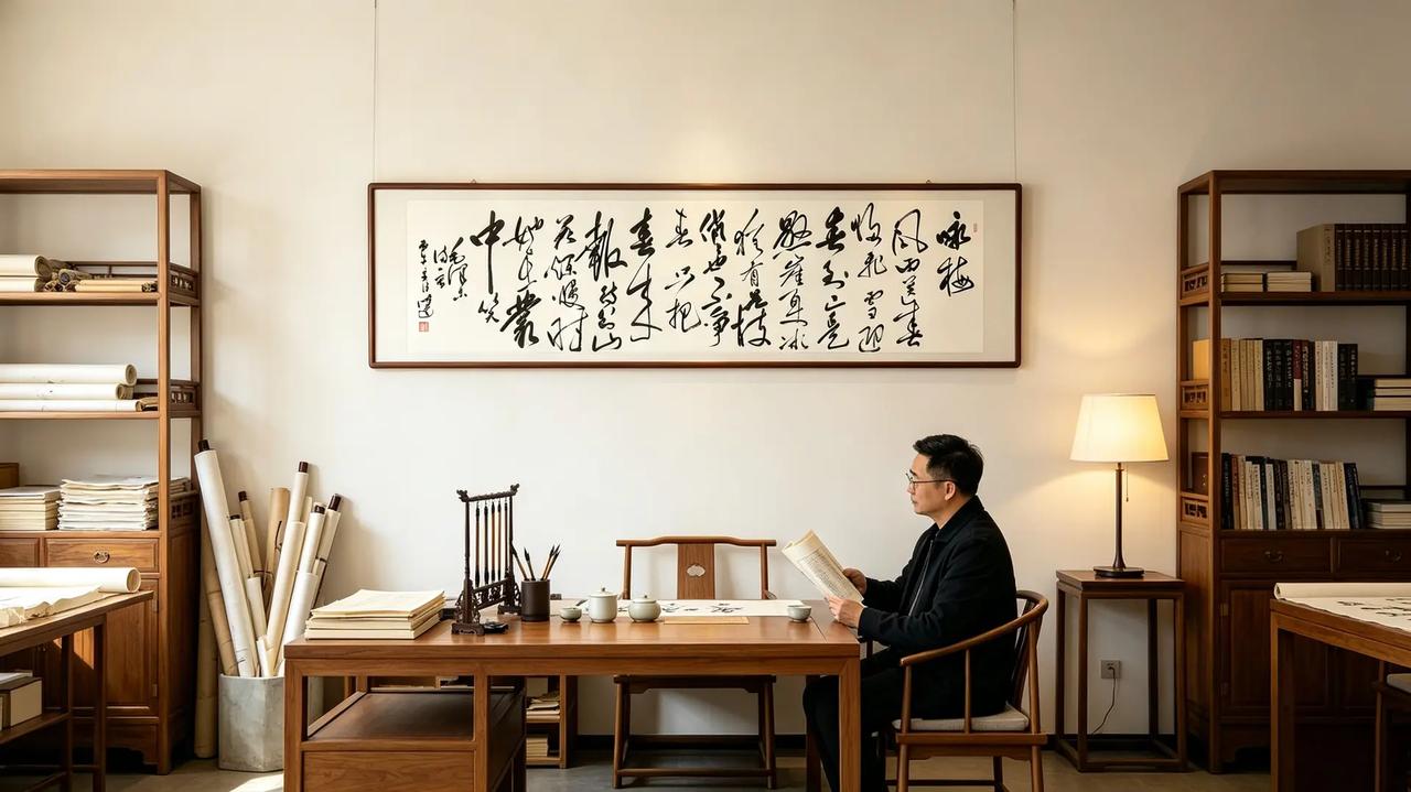 横幅毛体草书《咏梅》横幅毛体草书《咏梅》悬于书房，气韵开阔，笔墨间尽显红梅傲雪
