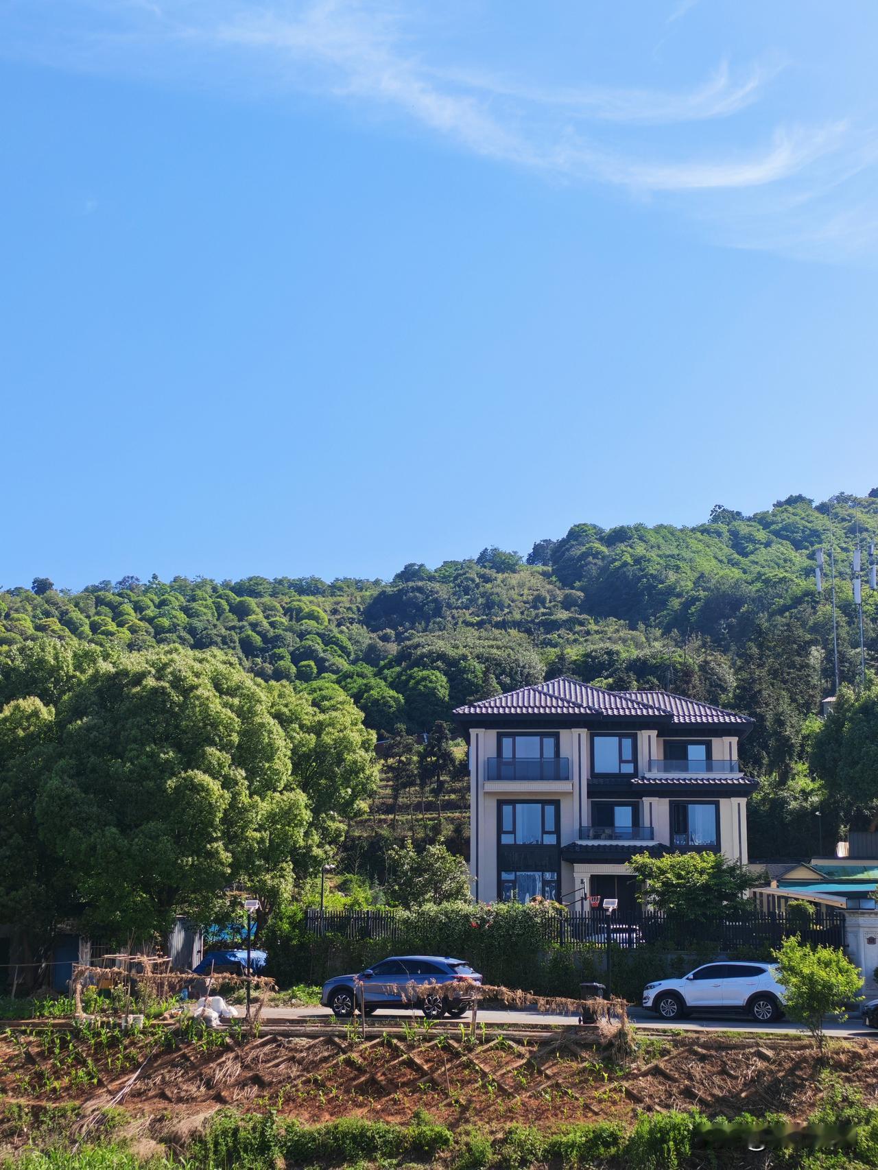 依山傍水建一幢别墅：后面是山，前面是一条水渠。山上可以种点菜园，果树还有竹子、茶
