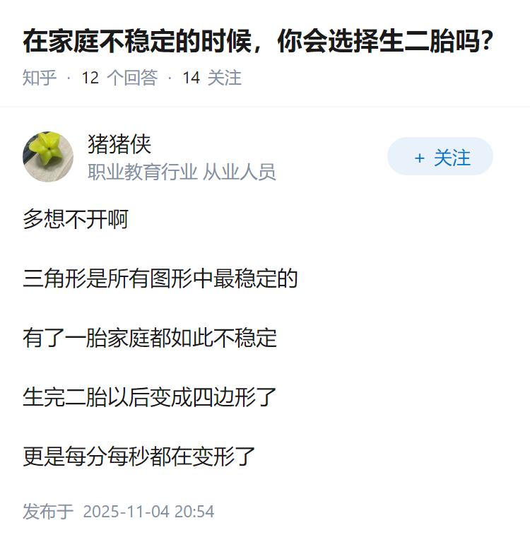 在家庭不稳定的时候，你会选择生二胎吗？