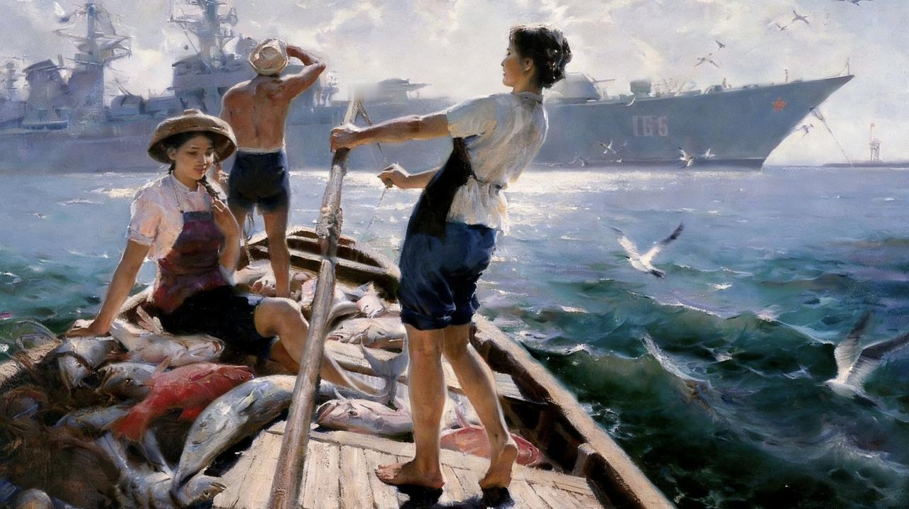 图一是画家何岸于1979年创作的油画《西沙之晨》，现藏于中国美术馆。画面以南海为