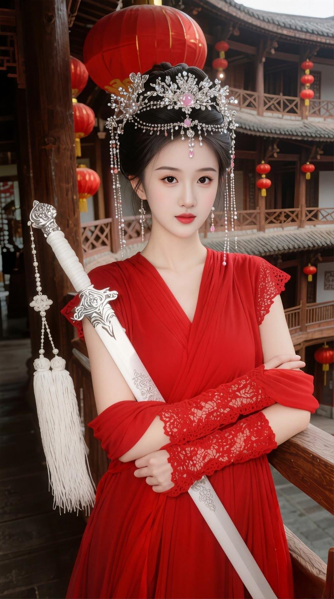 穿越时空的古典美人，红衣飘飘，手持长剑，韵味十足！