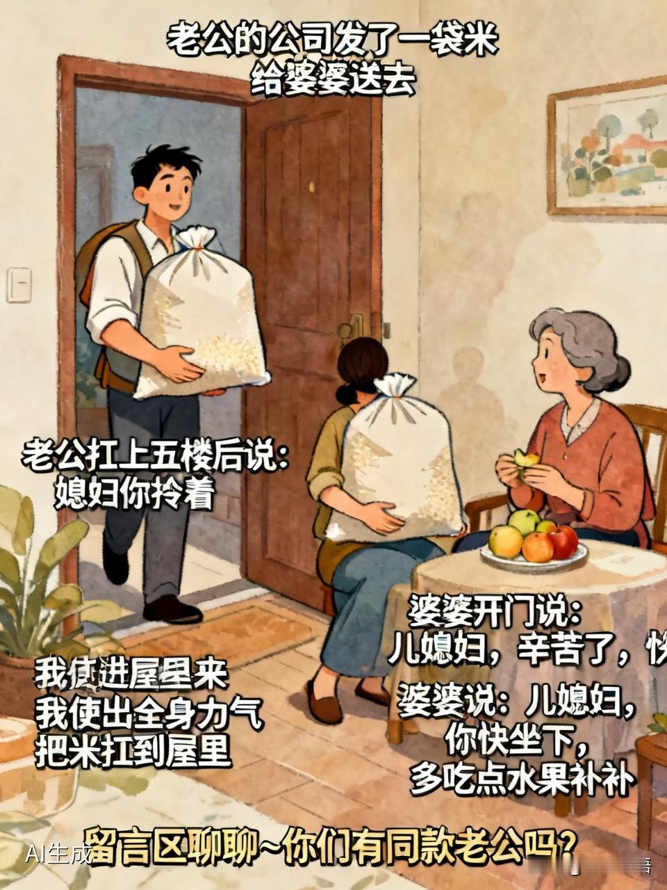 老公的公司发了一袋米，打算给婆婆送去，老公扛上五楼后说：媳妇你拎着。我刚想