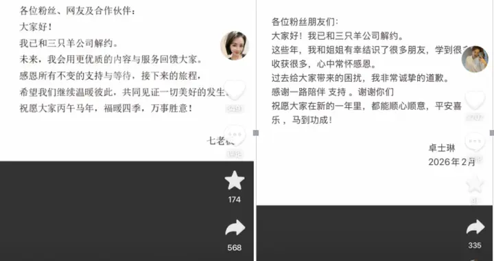 三只羊头部主播卓士琳、七老板正式告别MCN  解约后复播现状曝光