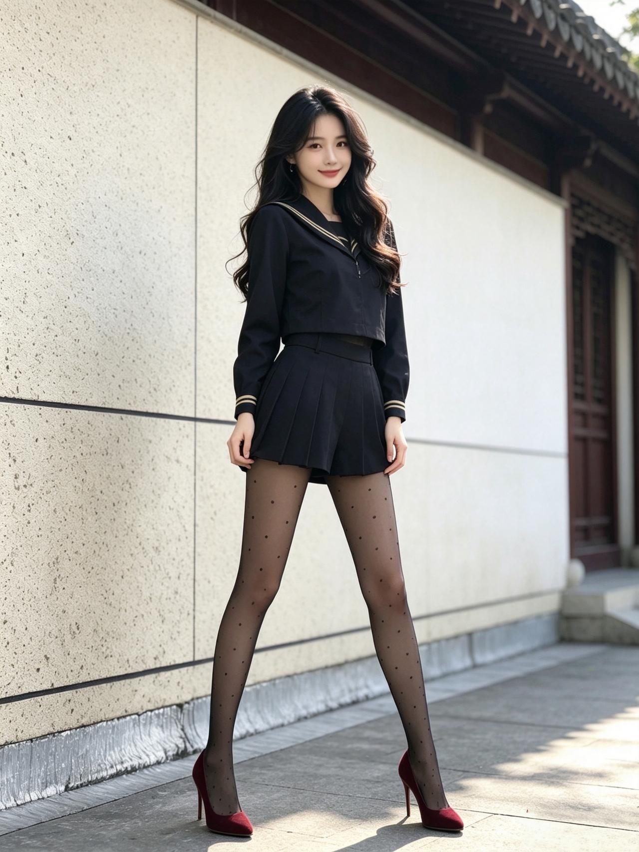 女人如何穿出含蓄的性感?俏皮水手服遇上波点丝袜，红高跟鞋点亮复古风，阳光下的每
