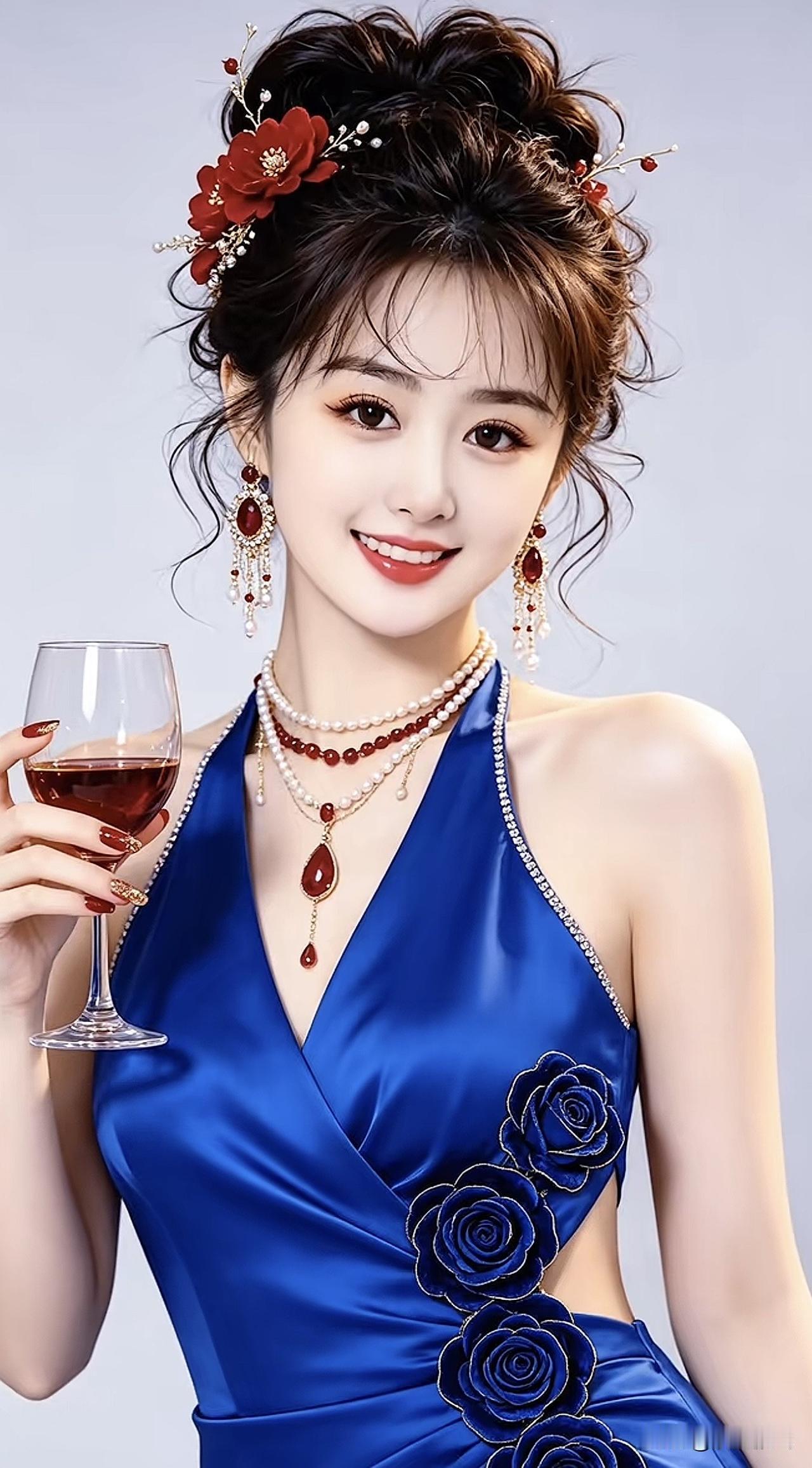 优雅蓝裙，玫瑰点缀，酒杯相伴，尽显东方韵味淡雅蓝裙照梦幻蓝裙造型无袖蓝裙梦