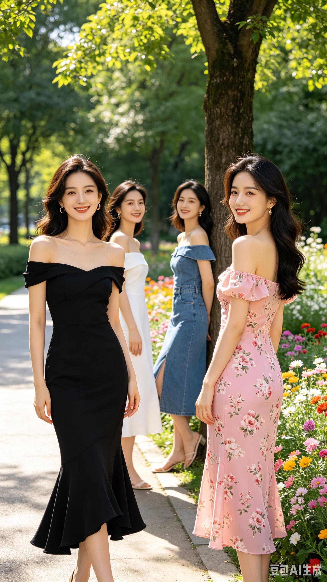 四朵娇花绽翠园，露肩裙影韵嫣然。风姿迥异难甄辨，还请诸君品丽颜。互动文案四