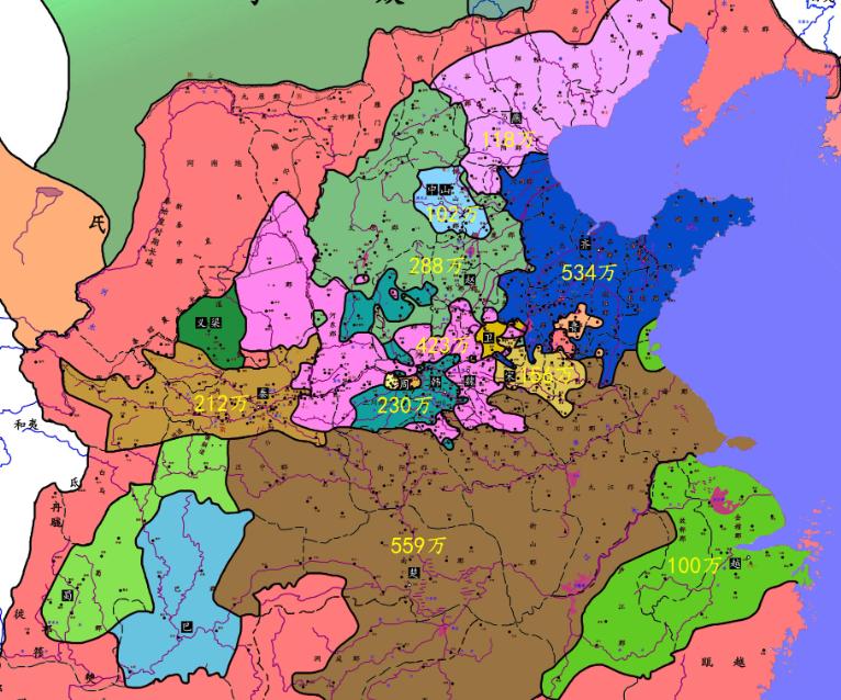 公元前400年的各国人口：第一名：楚国559万；第二名：齐国534万。第三