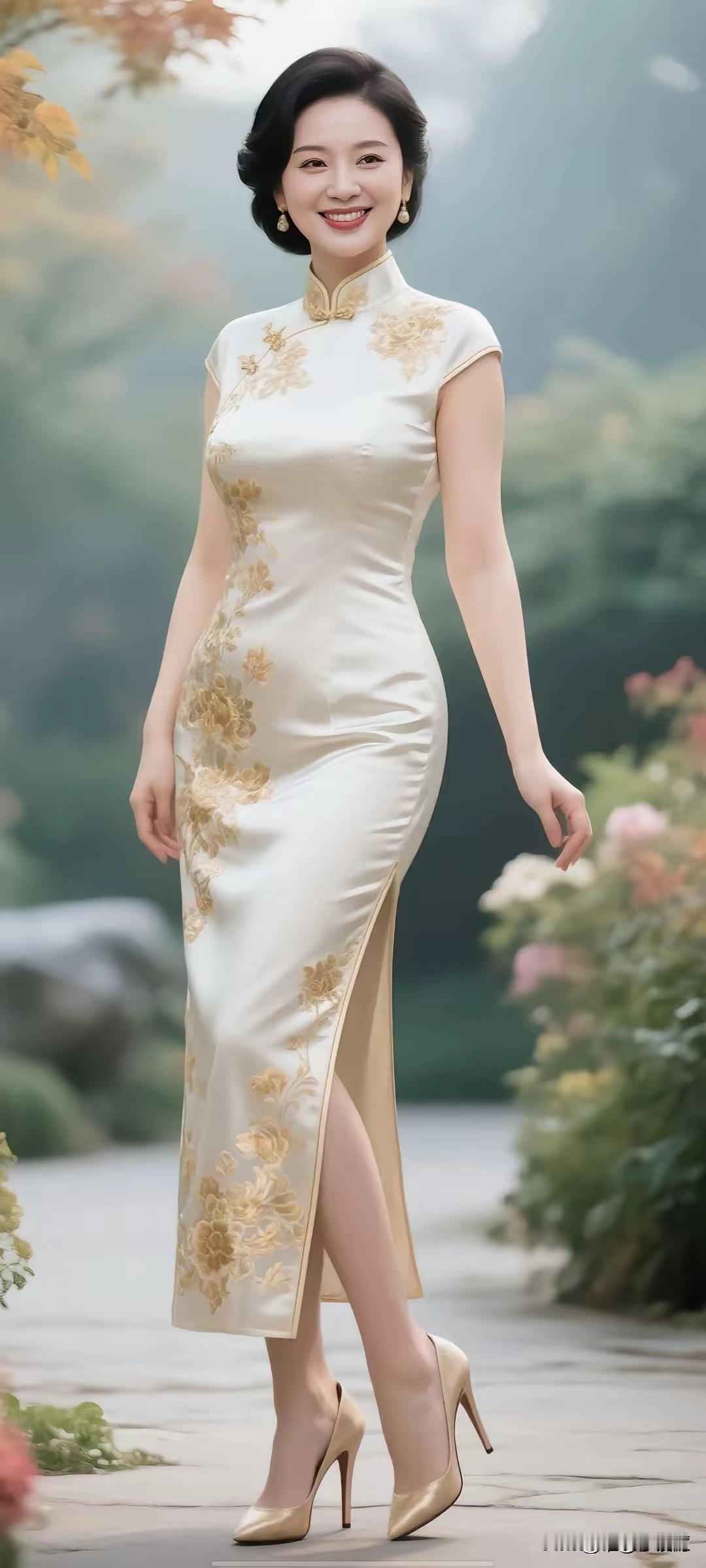 一袭旗袍雅韵生，白底牡丹显风情。嫣然一笑眸秋水莲步轻移柳韵莹。
