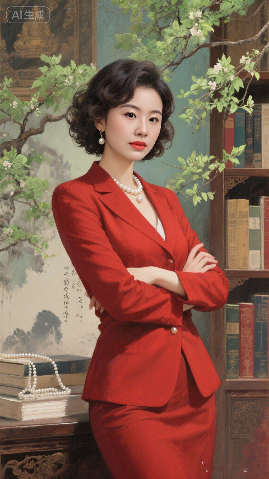 红衣美人倚书香，古韵悠然入画来。