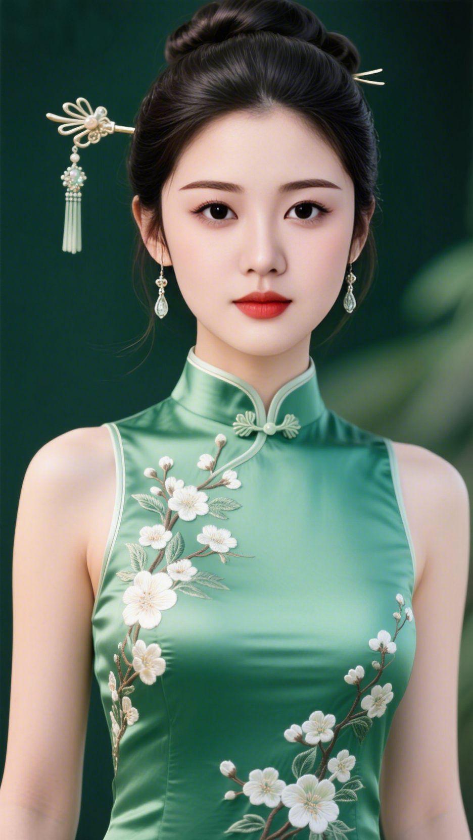 青襟载满春柔墨绿底色里，她身着翠色旗袍，缎面漾着烟柳般的柔光，绣枝白梅从襟