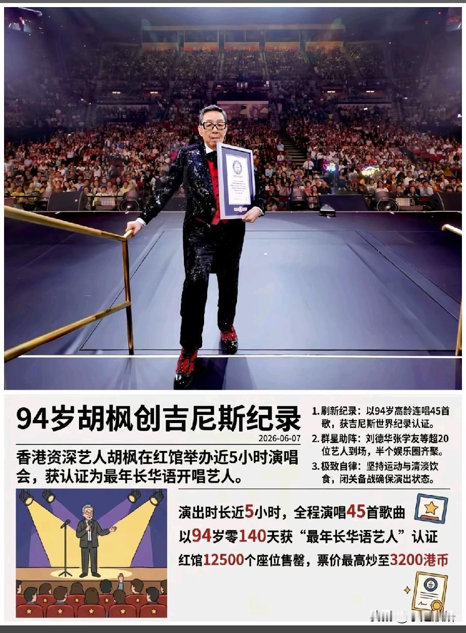 94岁胡枫创吉尼斯纪录！红馆连唱近5小时，成最高龄开唱华语艺人✨谁能想到，
