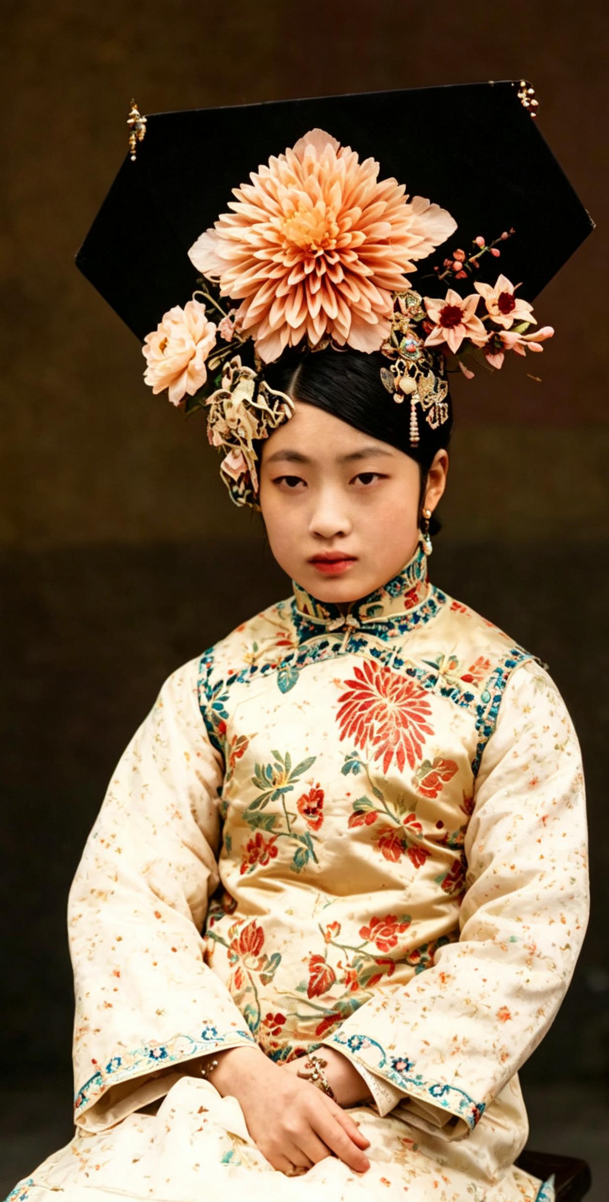 这是末代皇后婉蓉的真实容貌，拍摄于1922-1924年的紫禁城。她头戴满族传统旗