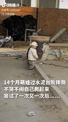 一个14个月的宝宝学走路，被水泥台阶绊倒，没哭没闹，自己撑着地爬起来。刚迈步又摔