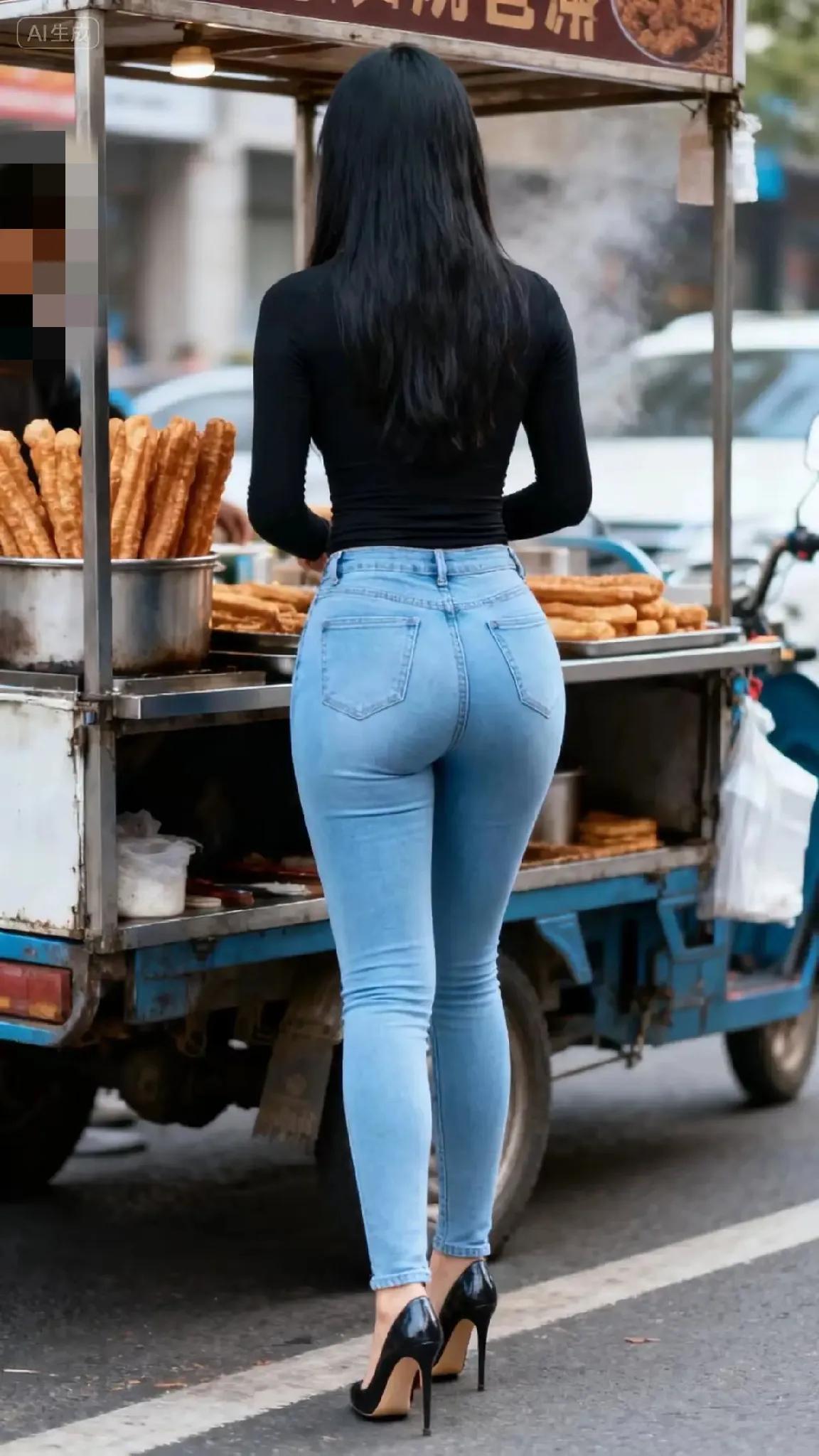 这美女在街头摊前买油条呢。