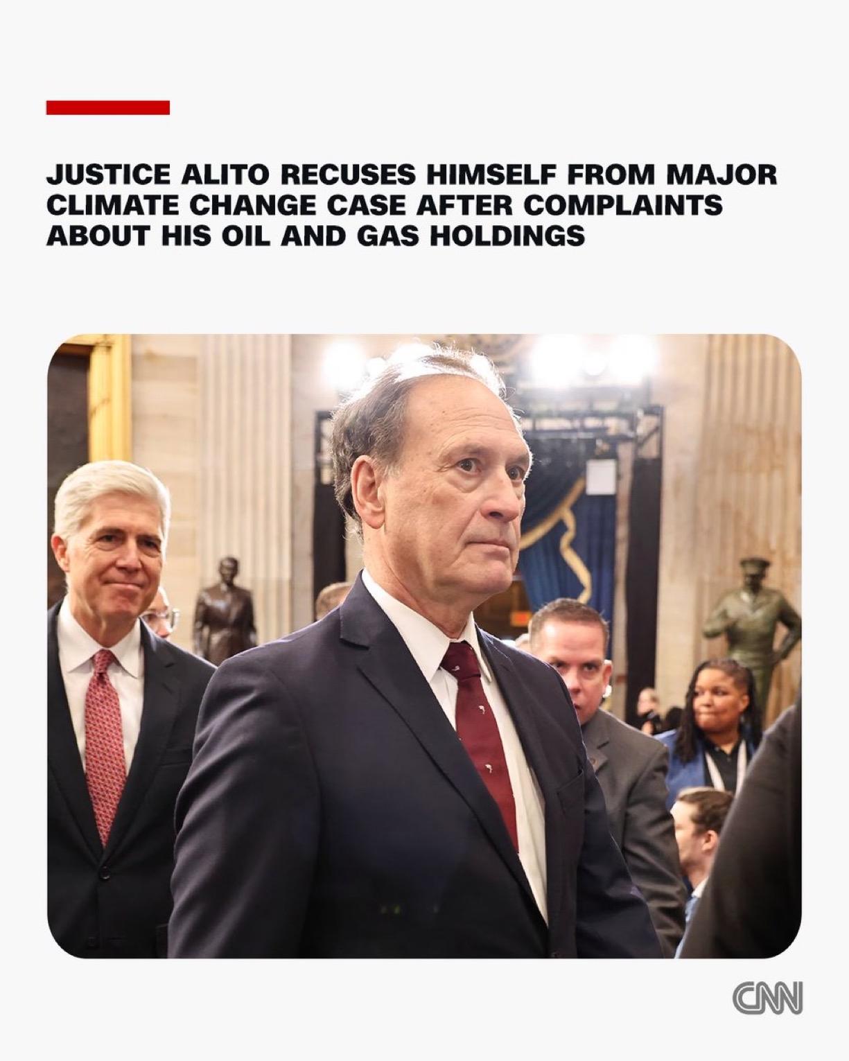 美国最高法院大法官塞缪尔·阿利托宣布，在环保团体数周的压力下——这些团体认为他因