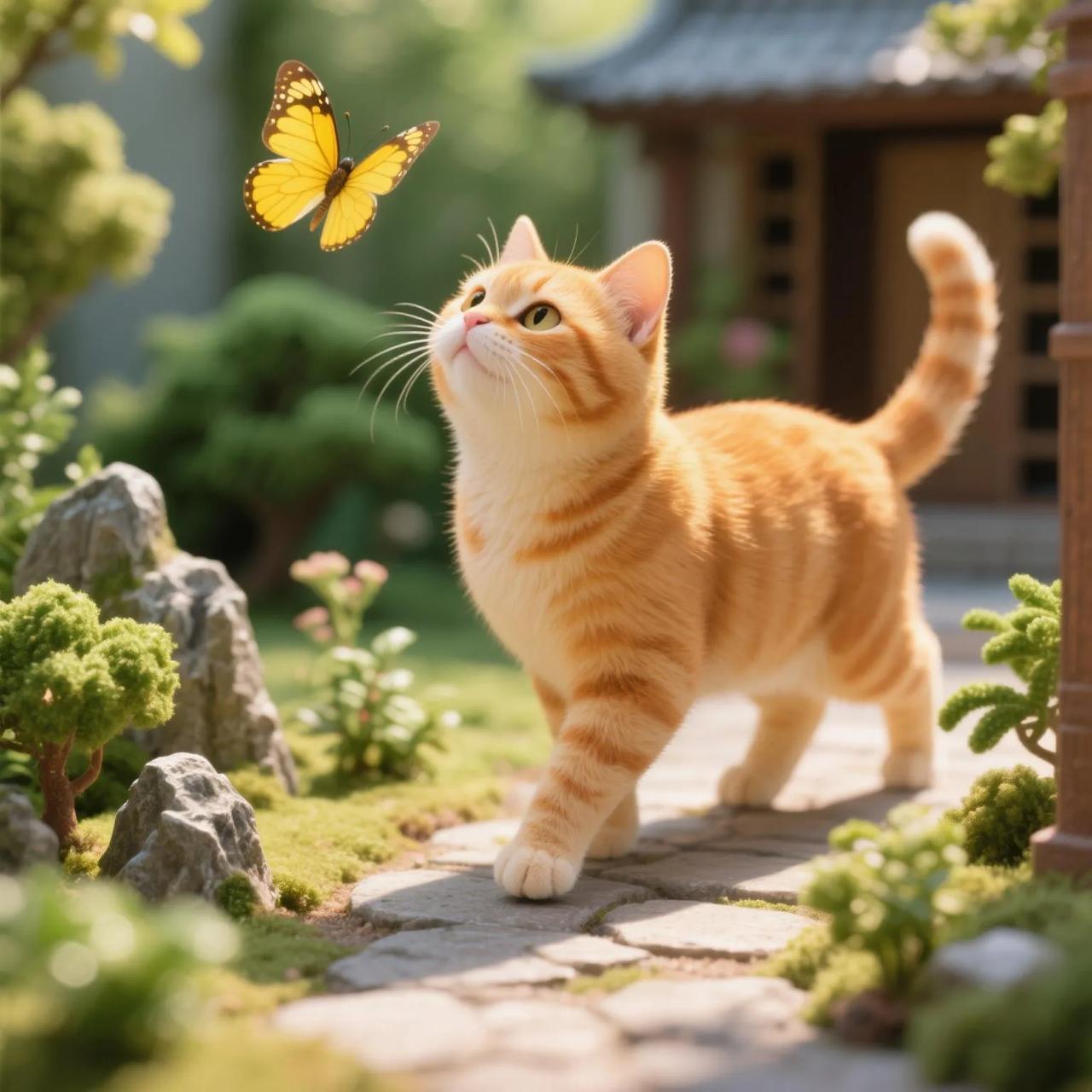 你用过最沙雕的表情包是什么在庭院的小径上，一只橘猫正仰望着空中的黄蝶。阳光洒落，