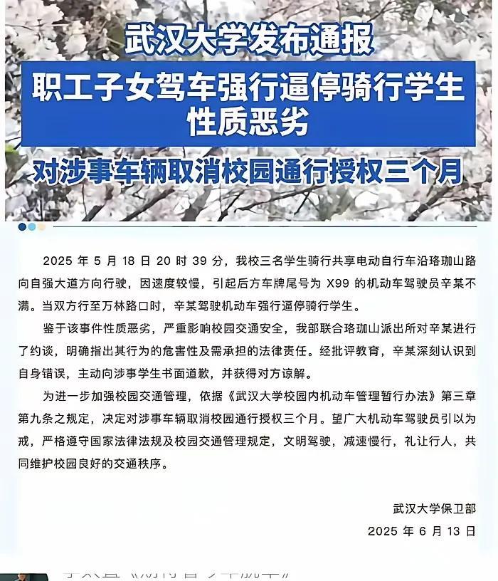 武汉大学列入耻辱柱一幕：车替主人受罚，放个暑假后还可以进校园。事情是这样的：武