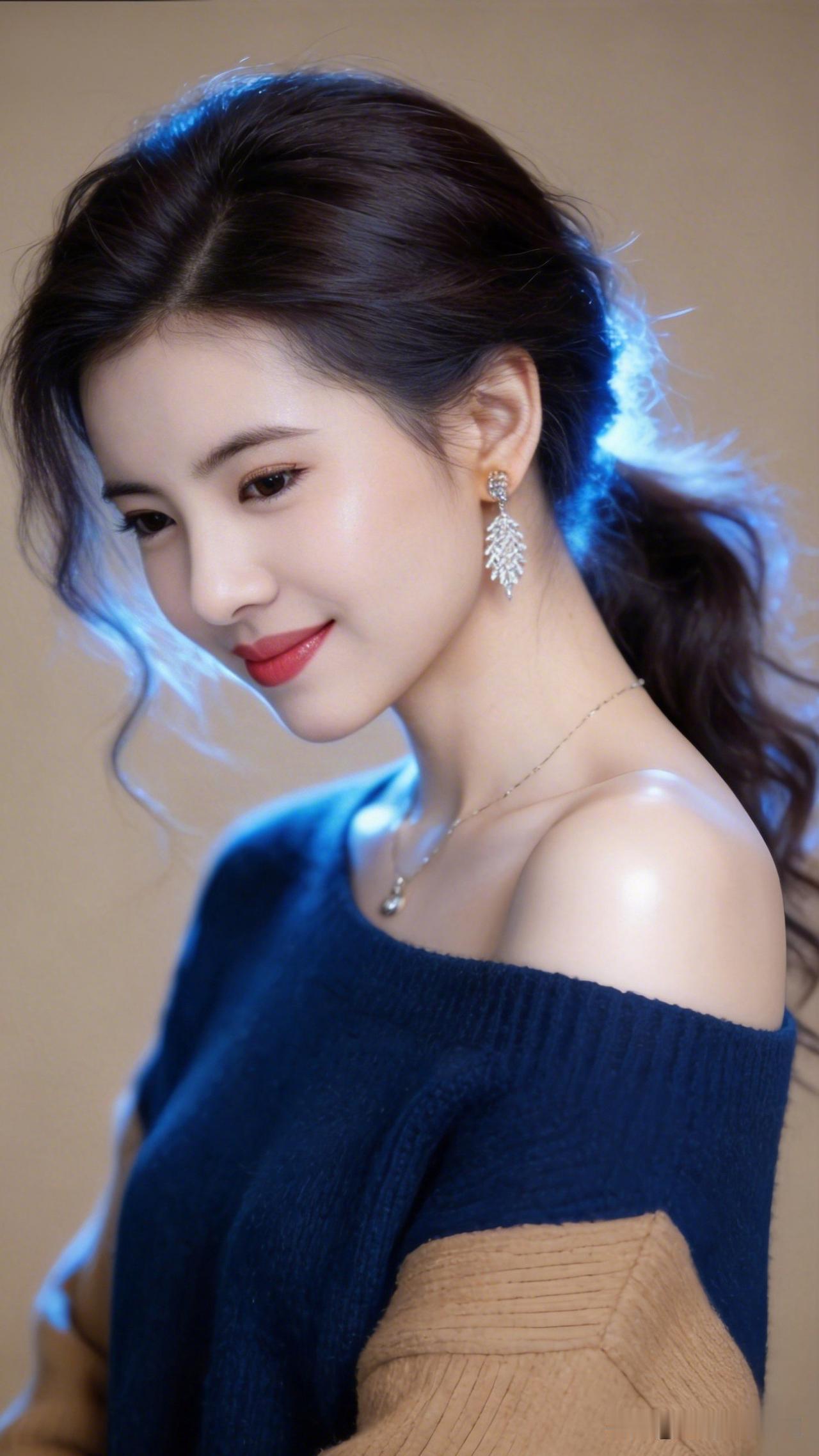 温柔蓝调，甜美少女，优雅耳饰，迷人微笑