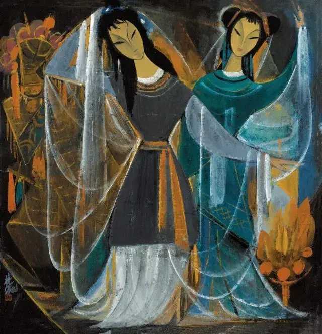 林风眠《戏剧人物》镜框设色纸本，68×66cm。作品融皮影意趣与西方现代构成，线