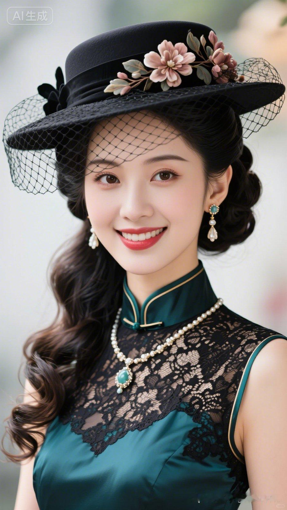 复古优雅，黑帽配绿裙，气质满分！🌸👗👠