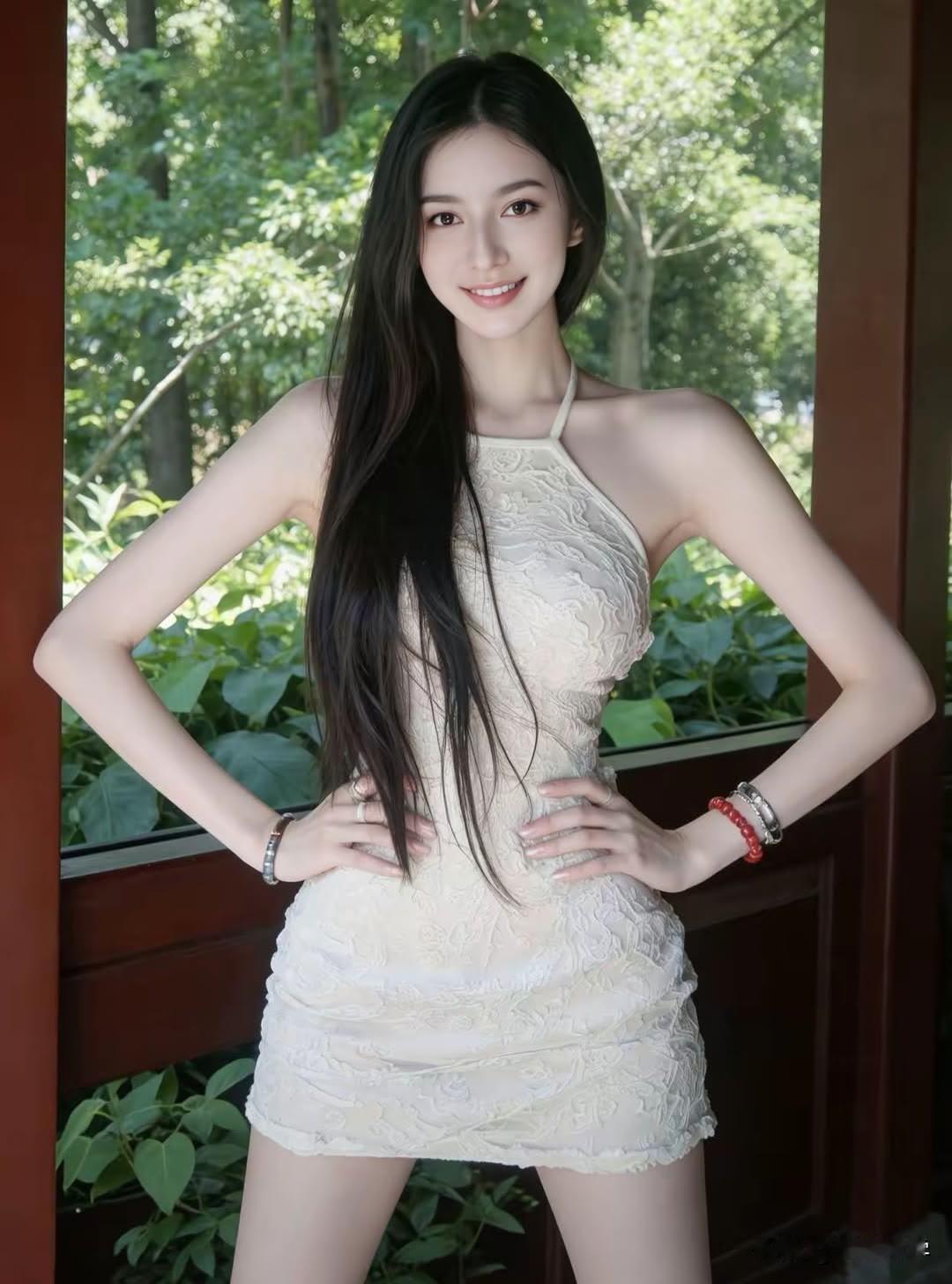 绿树掩映下，佳人笑语盈盈。湖边美人景绿树花影