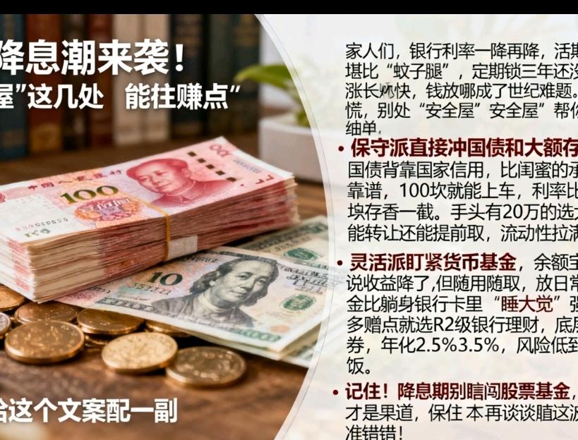 降息潮来袭！钱别瞎折腾，这几处“安全屋”保住本金还能赚点家人们，银行利率一