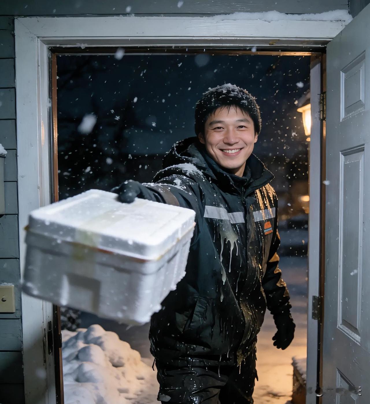 前天石家庄下雪，正好赶上在家休息，门响了，是快递小哥上门送件。小哥浑身湿漉漉的