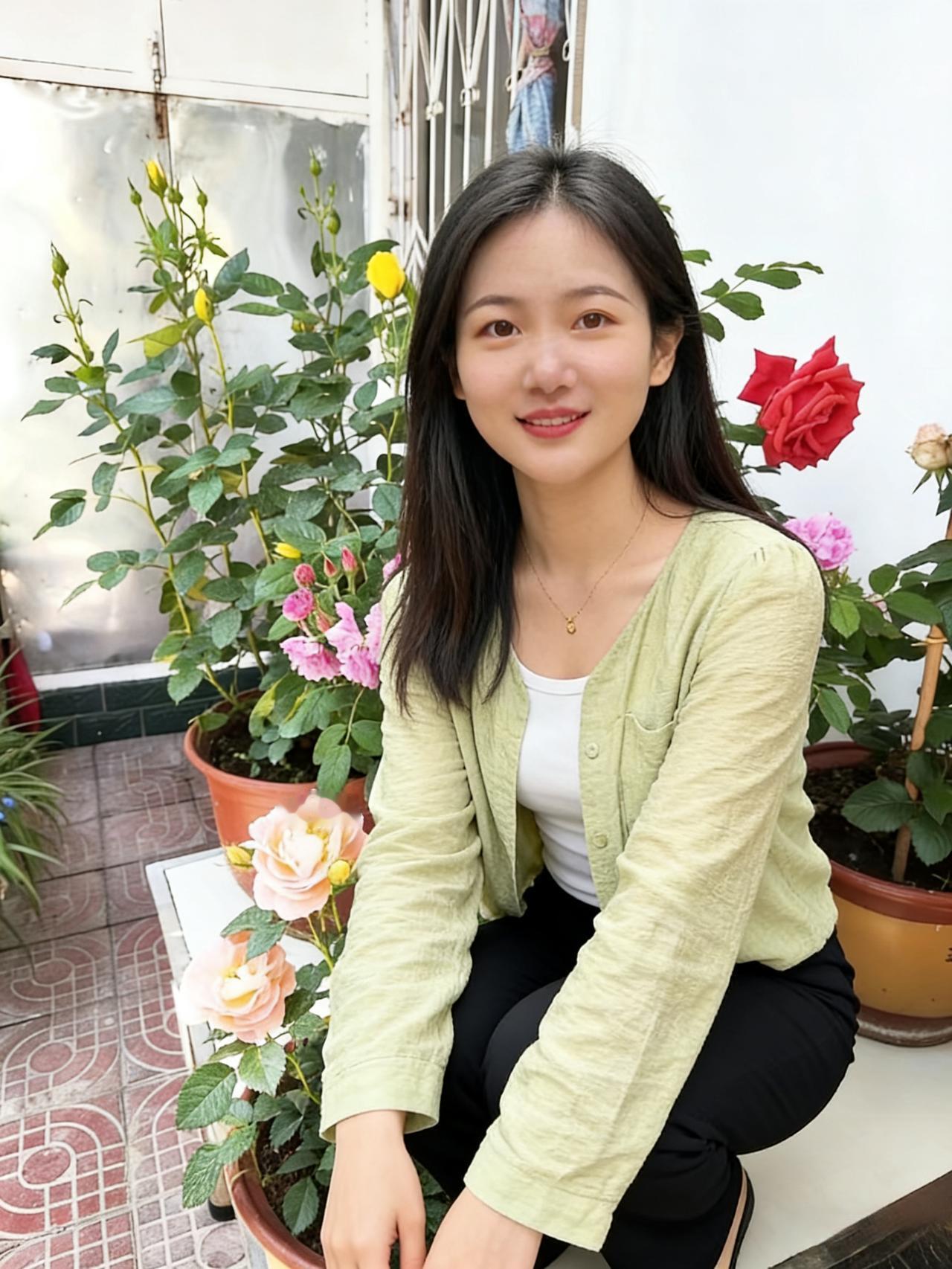 月季开得热烈，红的，粉的，黄的像打翻了颜料盘，泼在陶盆里她蹲在花旁，浅绿开衫