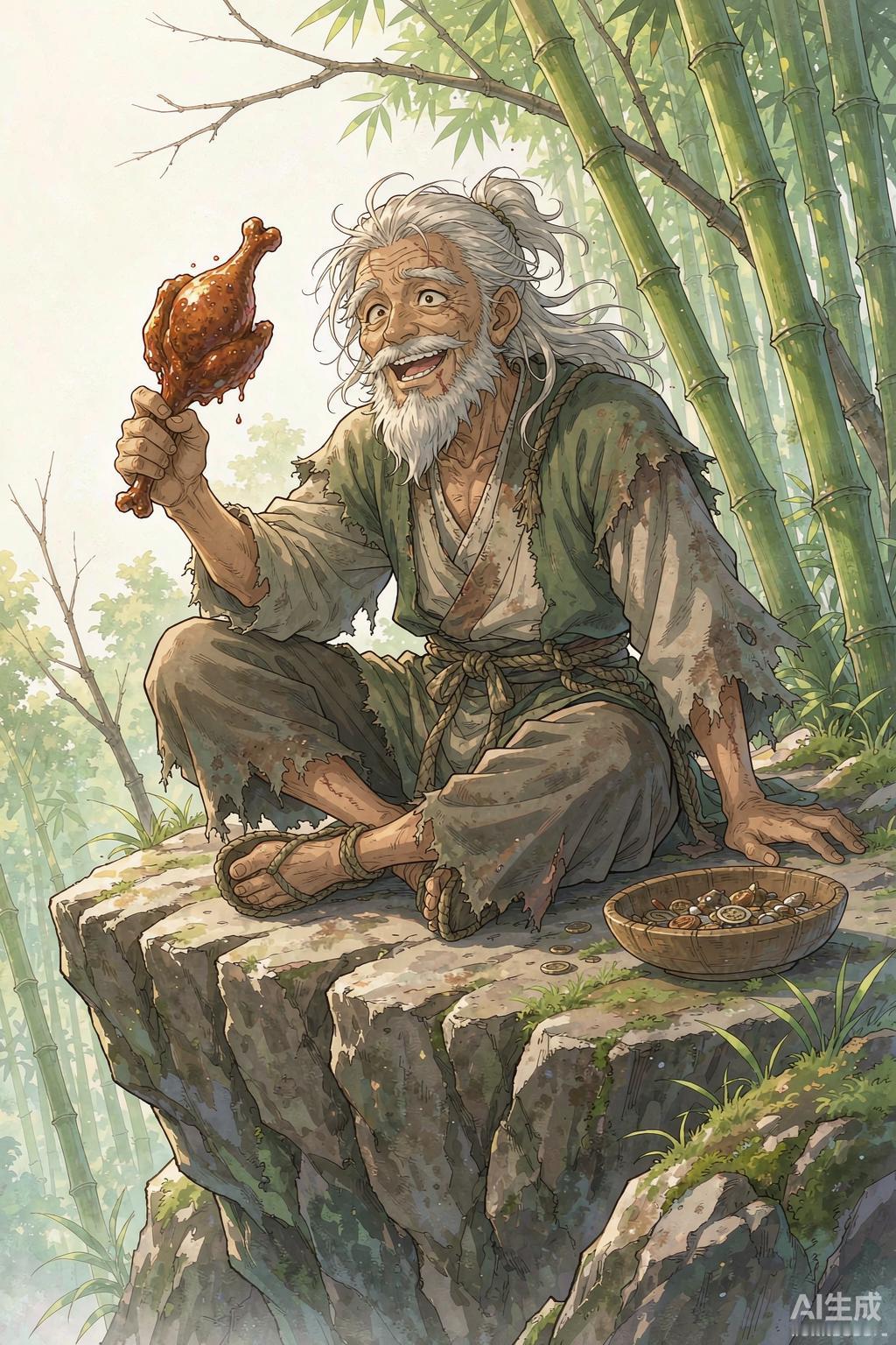 洪七公第一次出场，手里攥着半只鸡，满嘴油光，怎么看都不像大侠。可他是丐帮帮主、