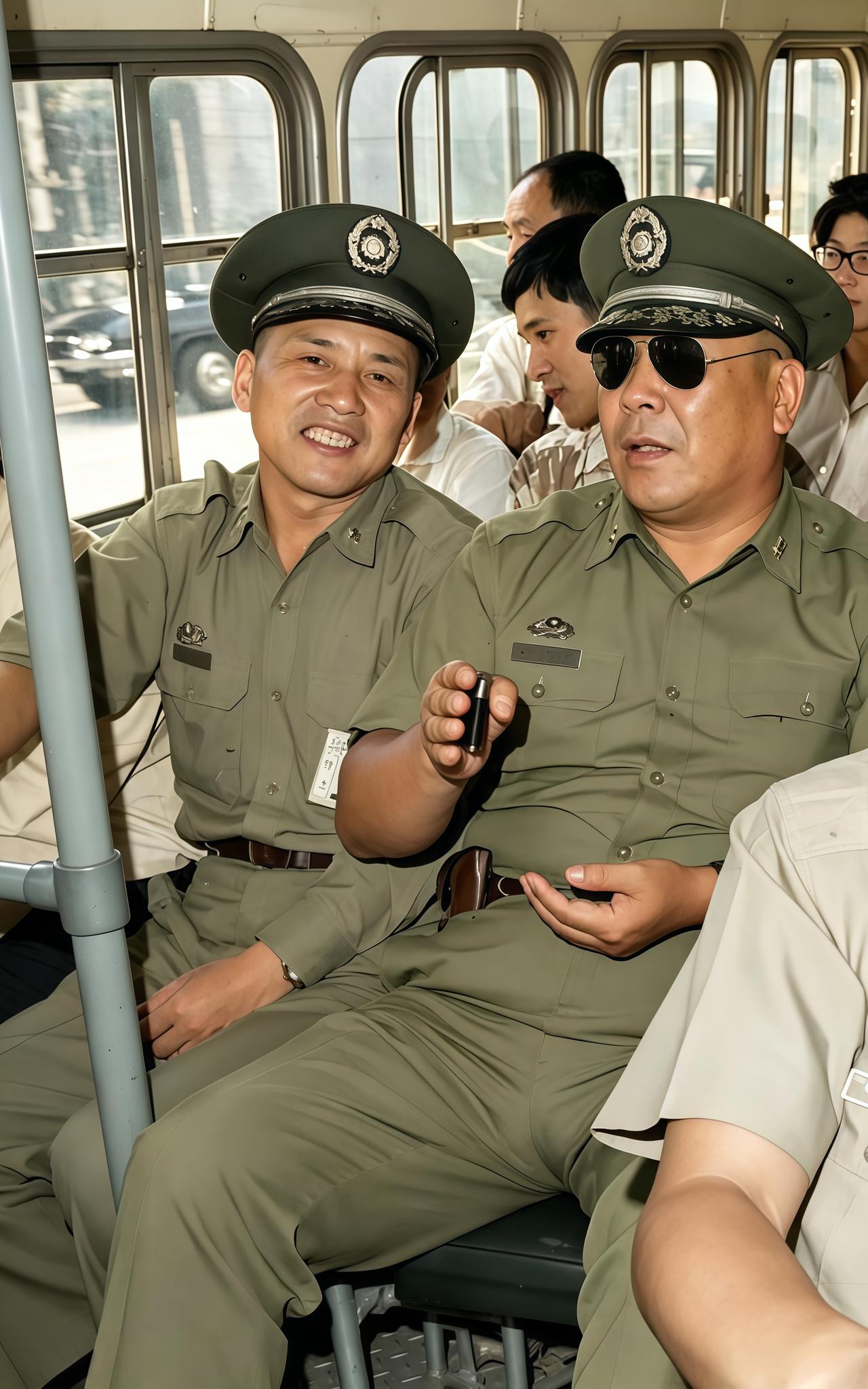 这是两名国军军官坐在大巴车上闲聊。其中，一名戴着墨镜，腰圆脖子粗的军官边聊，边比