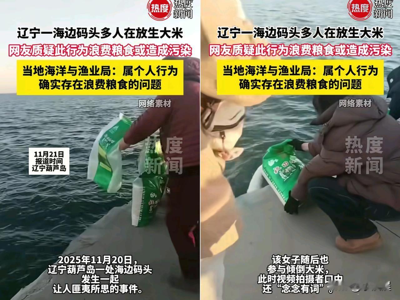吃饱了撑的！辽宁葫芦岛一群人往海里倒大米“放生”，一边嘴里念念有词
