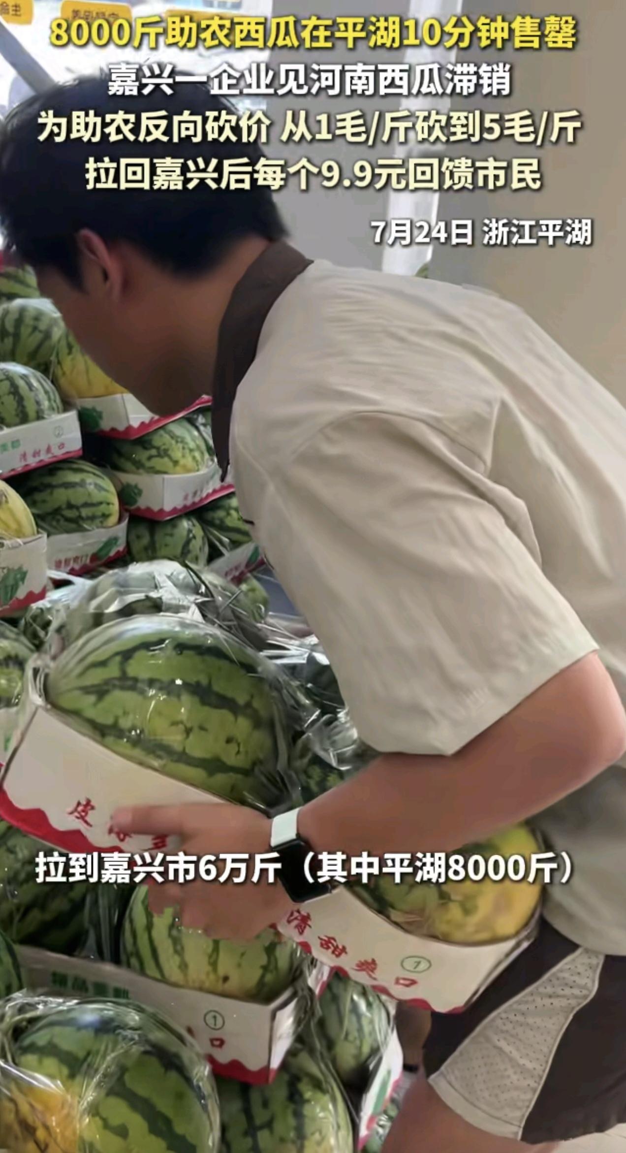 河南西瓜滞销，浙江各城市开始有企业自发开展助农活动。把河南的西瓜收购过来，平价卖
