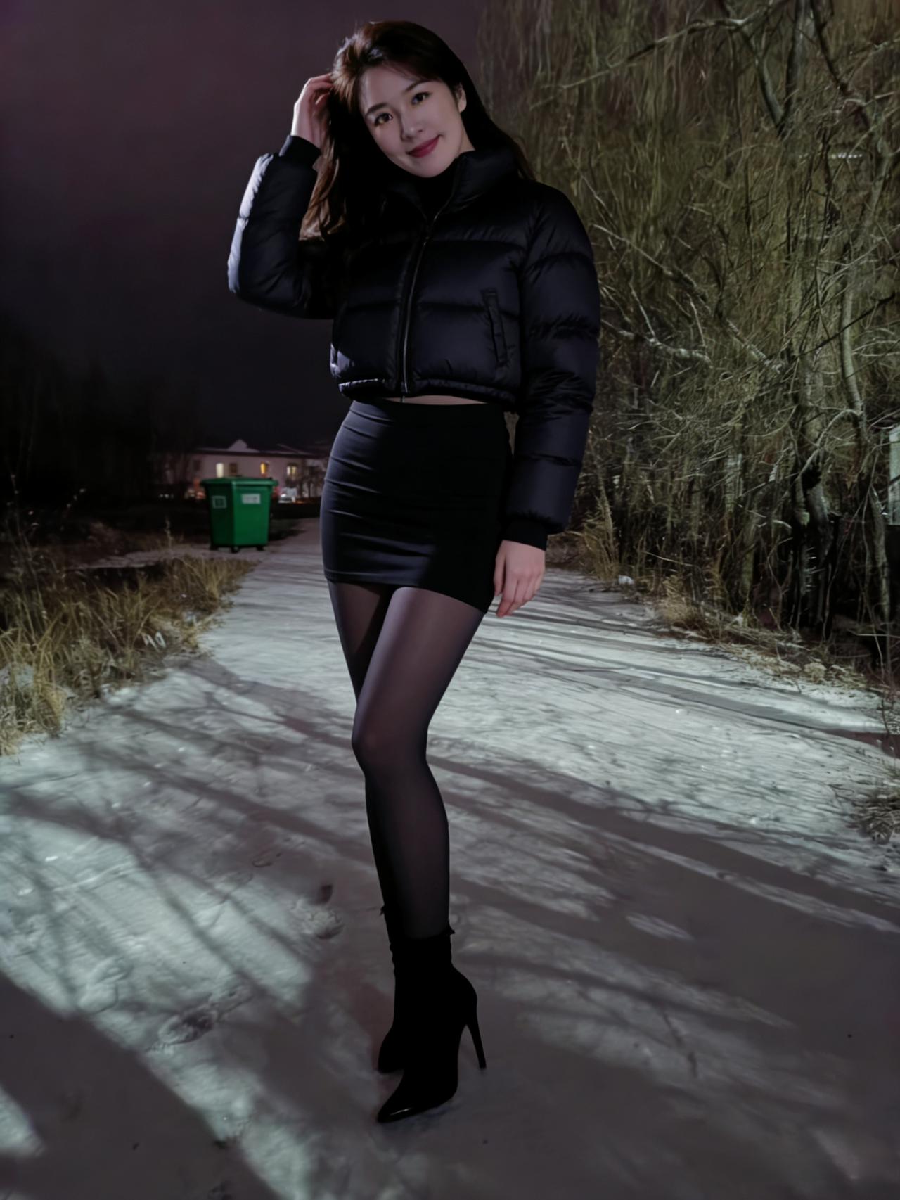 雪粒在靴尖轻吻，黑丝裹着夜的体温，短袄的蓬松，是冬夜最软的云。～路灯把