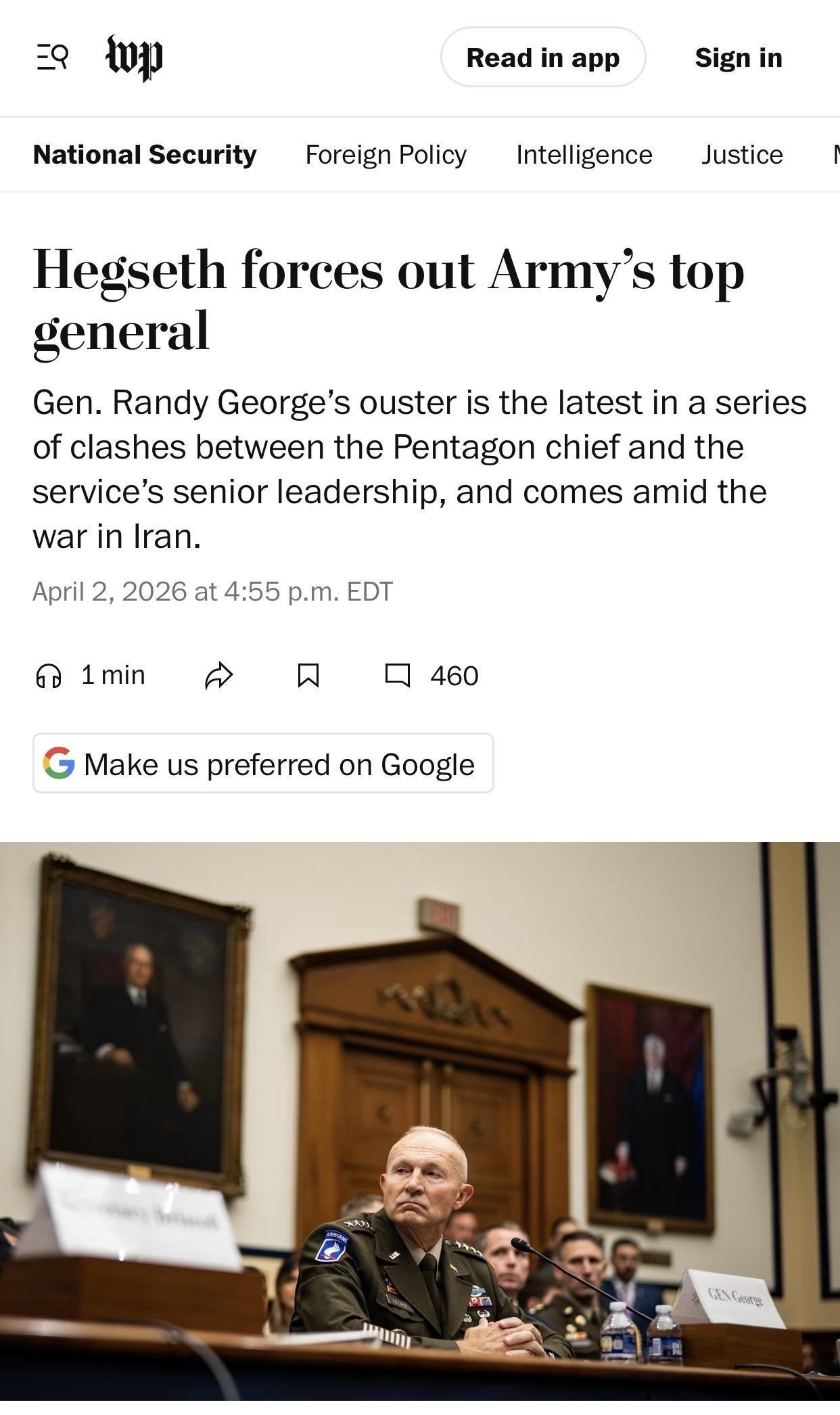 美媒：美国陆军参谋长乔治被炒鱿鱼美国《华盛顿邮报》官网当地时间4月2日报道：