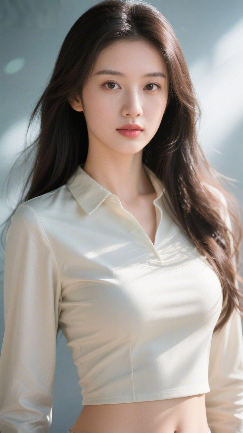 柔衫与晨间柔光浅软的光缕里，她立在温静的气息中，米白衫子似将晨间的雾织作衣