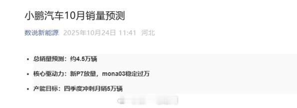 有媒体预测，小鹏10月销量将达到4.5万，原因是全新小鹏P7放量，小鹏MONA