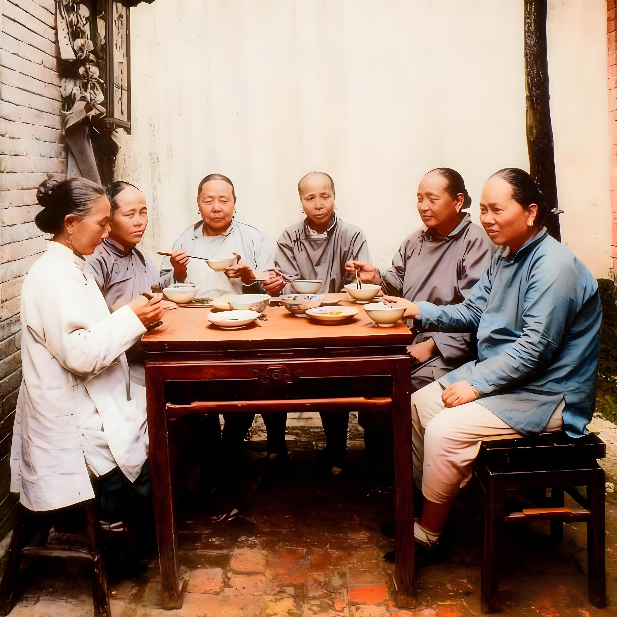 这是一张拍摄于一百多年前杭州的老照片，记录了当地一户地主家女眷用餐的场景。画面中