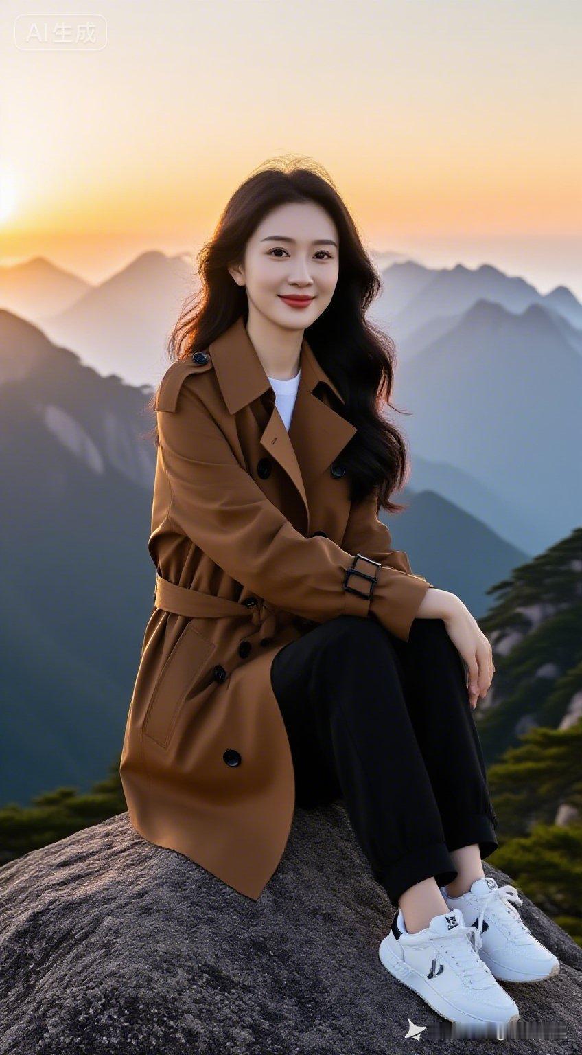 黄山之巅，旭日冉冉升起。她身着咖啡色风衣、黑色休闲裤与白色运动鞋，坐在岩石上，长