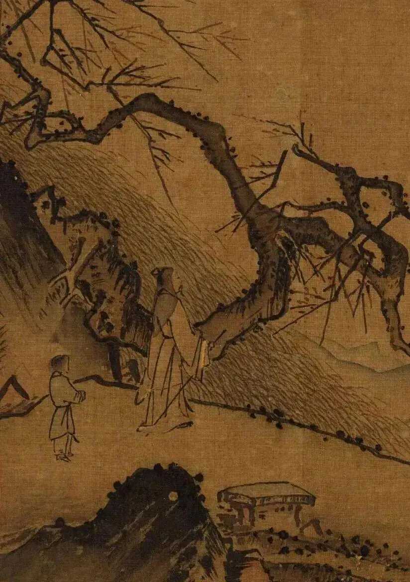 南宋佚名《高士观梅图》29×28.5cm。画面左上角山岩如刀削，一株老梅斜着身