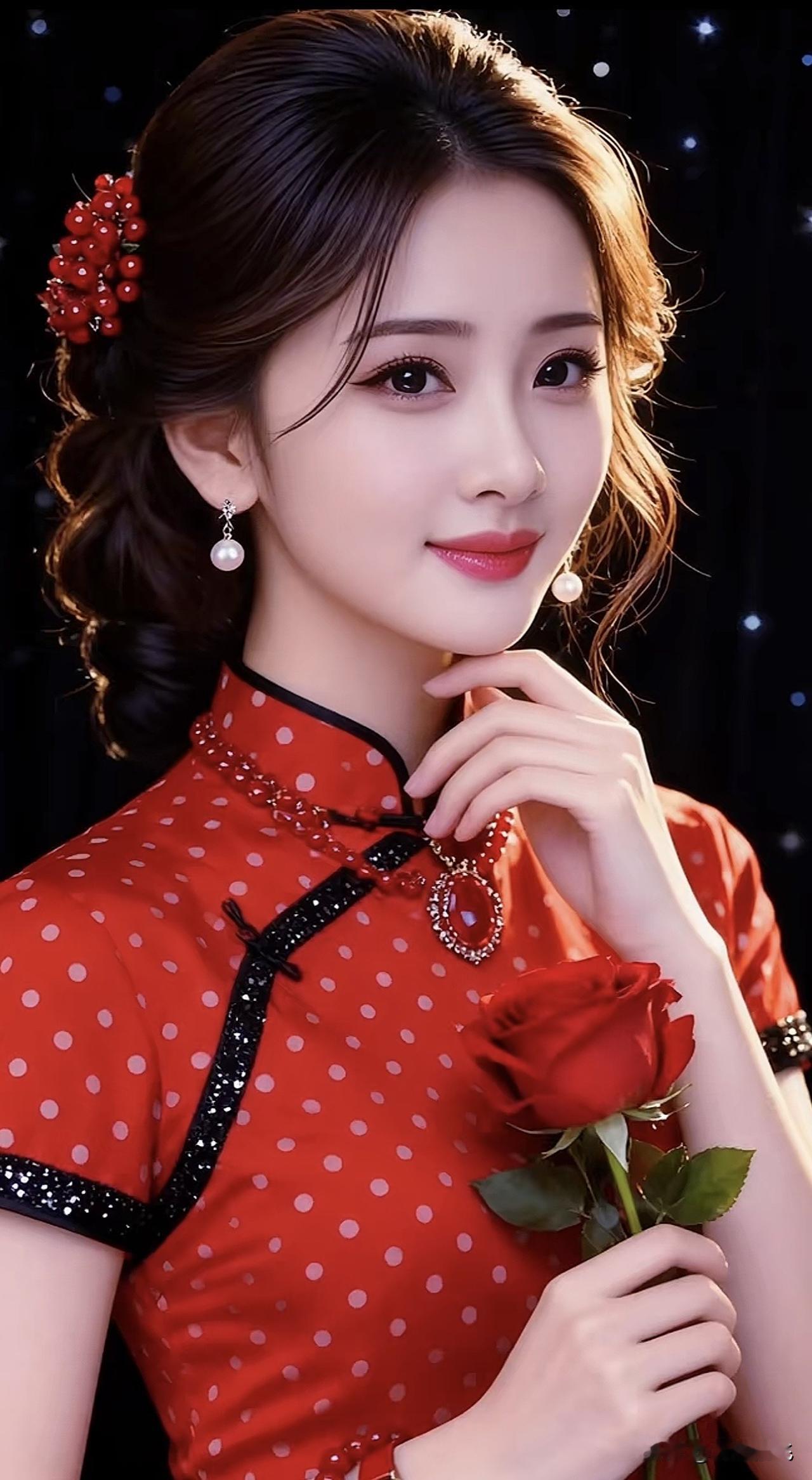 红衣少女，手持玫瑰，古典优雅，韵味十足玫瑰红裙少女红衣温柔少女红衣女拍照红