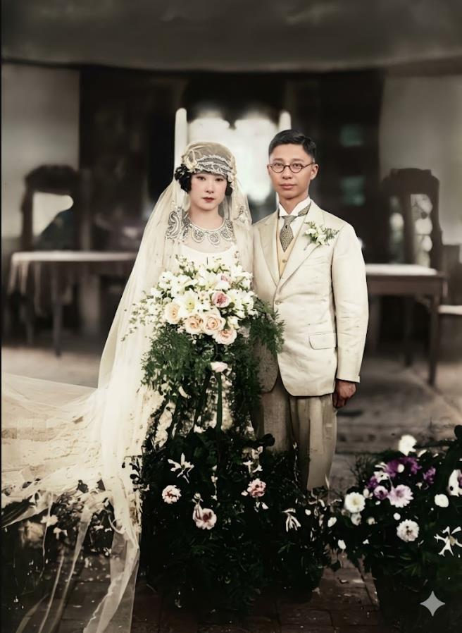 1931年7月，老舍与胡絜青在北京西单聚贤堂拍摄的结婚照。新娘身披白纱、头戴精致