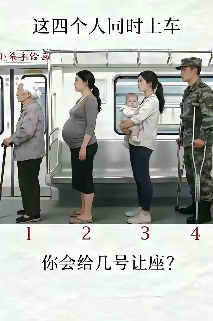 如果是你你会让座给哪位？这四个人同时上车，我毫不犹豫给1号让座。老人拄着